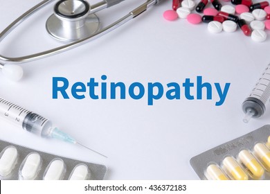 Retinopathy Text, On Background of Medicaments Composition, Stethoscope, mix therapy drugs doctor flu antibiotic pharmacy medicine medical