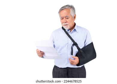 retired asian elderly man broken arm wear arm splint for treatment confident lifestyle, Old elderly male Illness checking the bill medical care. - Powered by Shutterstock