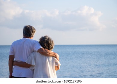 A Retired Couple Embracing Each Other At The Beach With Sea Background.