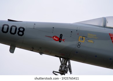 Retired Fighter Northrop F-5E Tiger II Military Aircraft At Meiringen Airbase. Photo Taken February 26th, 2021, Meiringen, Switzerland.