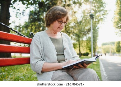 Retired Woman Reading A Book On The Bench.