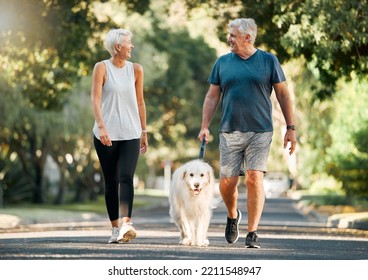 Retirement, fitness and walking with dog and couple in neighborhood park for relax, health and sports workout. Love, wellness and pet with old man and senior woman in outdoor morning walk together