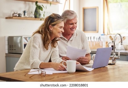 Retirement, Investment And Couple On Laptop And Paperwork For Online, Digital Banking Application Planning Pension. Elderly People Doing Asset Management, Check Contract Information, Finance Or Will