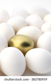 Retirement Nest Egg. Gold Egg Surrounded By White Eggs.