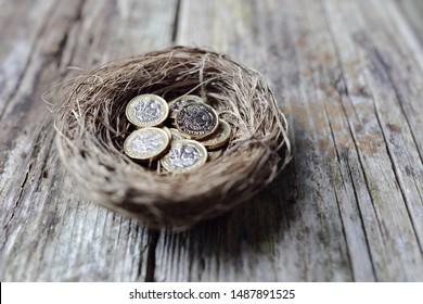 Retirement Savings British Pound Coins In Birds Nest Egg Concept For Pension Plans