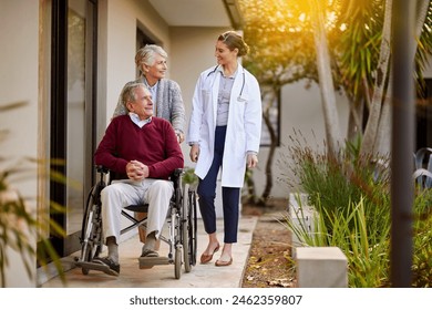 Retirement, senior couple and man in wheelchair at nursing home with caregiver for support and wellness. Healthcare, smile and elderly male person with disability outdoors in garden for medical help - Powered by Shutterstock