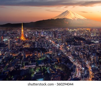 Retouch photo of Tokyo city at twilight with Mt Fuji on the background - Powered by Shutterstock