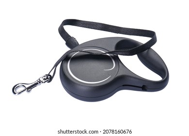 Retractable leash for dog isolated on white background, close-up.