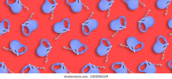 Retractable leashes for dog on red background. Pattern for design