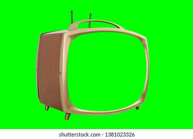 Retro 1950s portable television with chroma key green screen and background. 