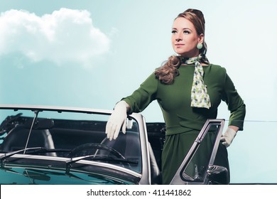 Retro 1960 Woman Standing In Open Door Of Convertible Car. 