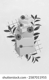 Retro abstract creative artwork template collage of carton cardboard pile stack boxes red gerbera flowers summer spring delivery courier