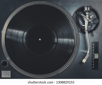 Retro Analog Dj Turntable Overhead Shot.Professional Disc Jockey Music Player Turn Table Top View.High Quality Vintage Audio Equipment For Hip Hop Concert In Night Club.Play Music In Hifi