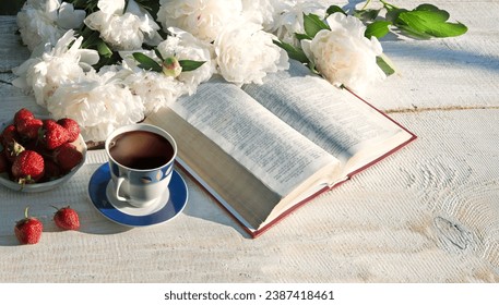 Retro antiqu rustic lunch snack meal bowl break spring park cafe bar board desk bench learn open page text space. Hot sun light fresh floral leaf plant bloom bud petal rest relax biblic art still life - Powered by Shutterstock