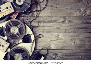Retro audio reels and cassette tape with copy space