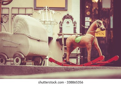 Retro Baby Carriage And Toy Rocking-horse Antique Sale