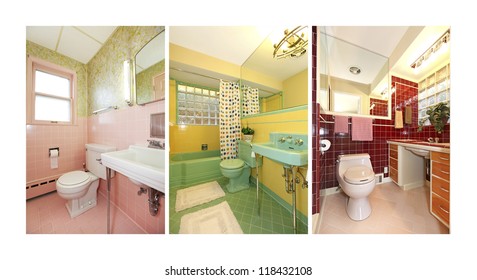 Retro Bathrooms Collage With Colorful Old Bathroom Interior. Mid-century Pink, Green, Blue, Red Tiles And Colors.