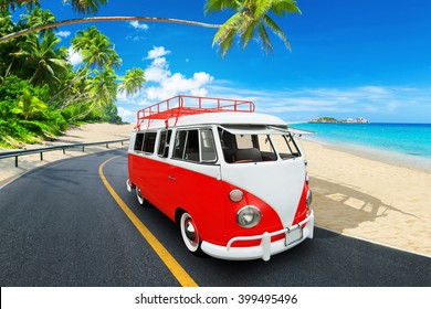 Retro Beach Van. Vintage Bus In The Beach On The Background Of Palm Trees.The Concept Of Travel