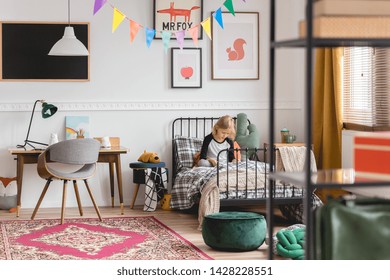 Retro Bedroom For Kid With Schoolgirl Sitting On Metal Single Bed