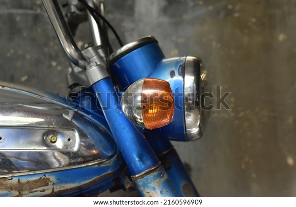 Retro Blue Patina Motorcycle Head Lamp Side View\
With Turn Lamp