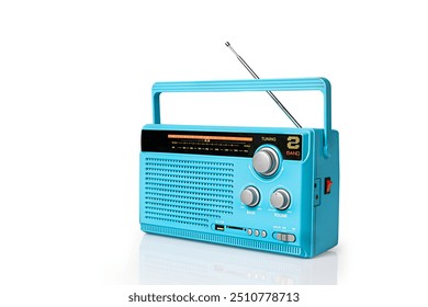 Retro Blue Radio Receiver with Clipping Path Isolated on White Background.