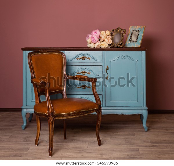 Retro Brown Leather Armchair Near Blue Stock Photo Edit Now