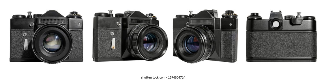 Retro camera isolated on white background three things in a row vintage antiquity  analogue - Shutterstock ID 1594804714