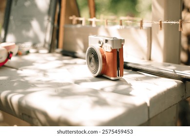 retro camera on the table. High quality photo