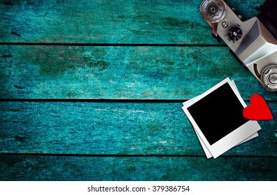 retro camera on table,top view