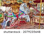 Retro carousel in Avignon, France. Antique fairground merry-go-round French carrousel.