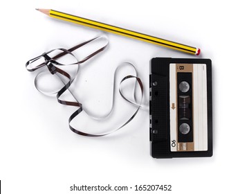 Retro Cassette With Loose Tape And A Pencil Stock Image   Image Of