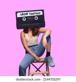 Retro Cassette Tape Collage Woman Head, Great Podcast Content, Cool Stereo Tape Head Collage