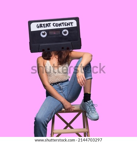 Retro cassette tape collage woman head, great podcast content, cool stereo tape head collage. Quirky girl