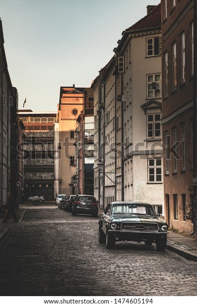 Retro classic car at old town in Copenhagen,\
Denmark, old-fashioned\
transport