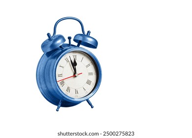 retro clock, pointer clock, blue color alarm clock on isolated white background close up