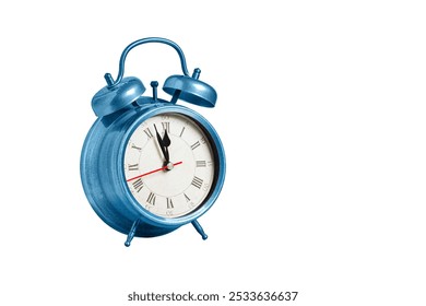 retro clock, pointer clock, blue color alarm clock on isolated white background close up