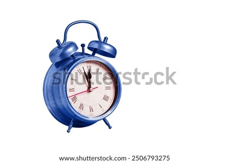 retro clock, pointer clock, blue color alarm clock on isolated white background close up