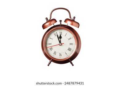 retro clock, pointer clock, brown color alarm clock on isolated white background close up