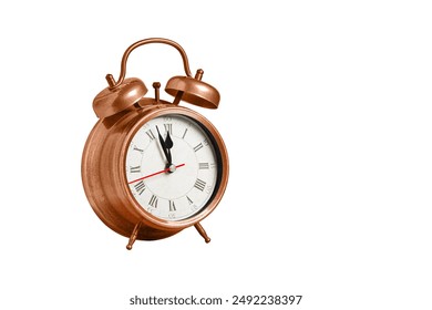 retro clock, pointer clock, brown color alarm clock on isolated white background close up
