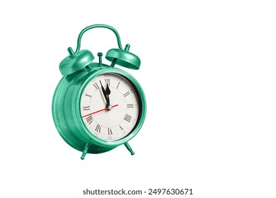 retro clock, pointer clock, green color alarm clock on isolated white background close up