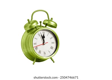 retro clock, pointer clock, green color alarm clock on isolated white background close up
