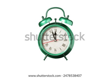 retro clock, pointer clock, green color alarm clock on isolated white background close up