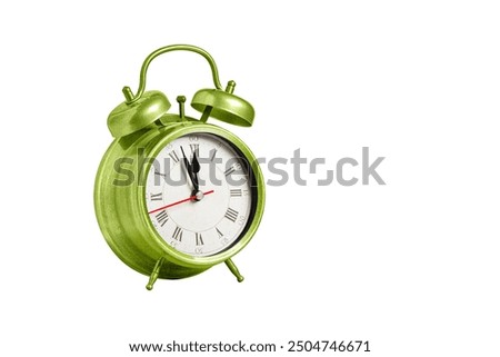 retro clock, pointer clock, green color alarm clock on isolated white background close up