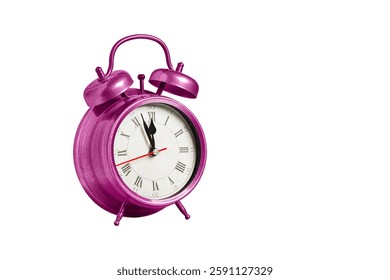 retro clock, pointer clock, pink color alarm clock on isolated white background close up