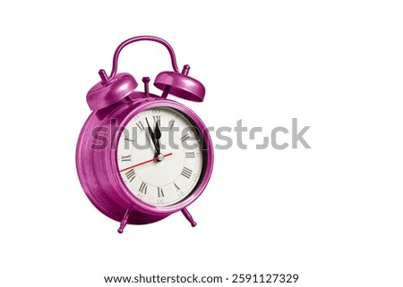 retro clock, pointer clock, pink color alarm clock on isolated white background close up