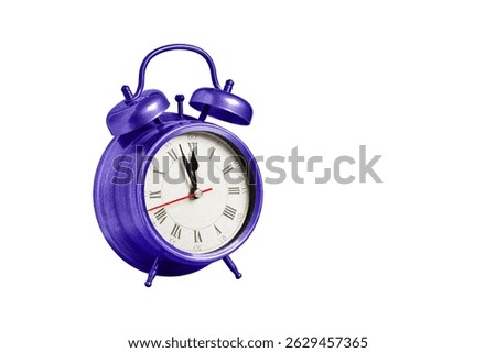 retro clock, pointer clock, purple color alarm clock on isolated white background close up