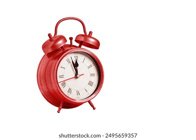 retro clock, pointer clock, red color alarm clock on isolated white background close up