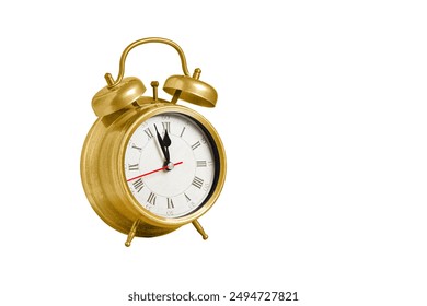 retro clock, pointer clock, yellow color alarm clock on isolated white background close up