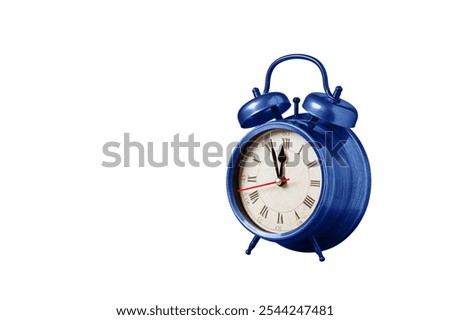 retro clock, watch, pointer clock, Blue color alarm clock on isolated white background close up
