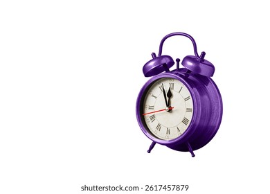 retro clock, watch, pointer clock, Purple, violet color alarm clock on isolated white background close up